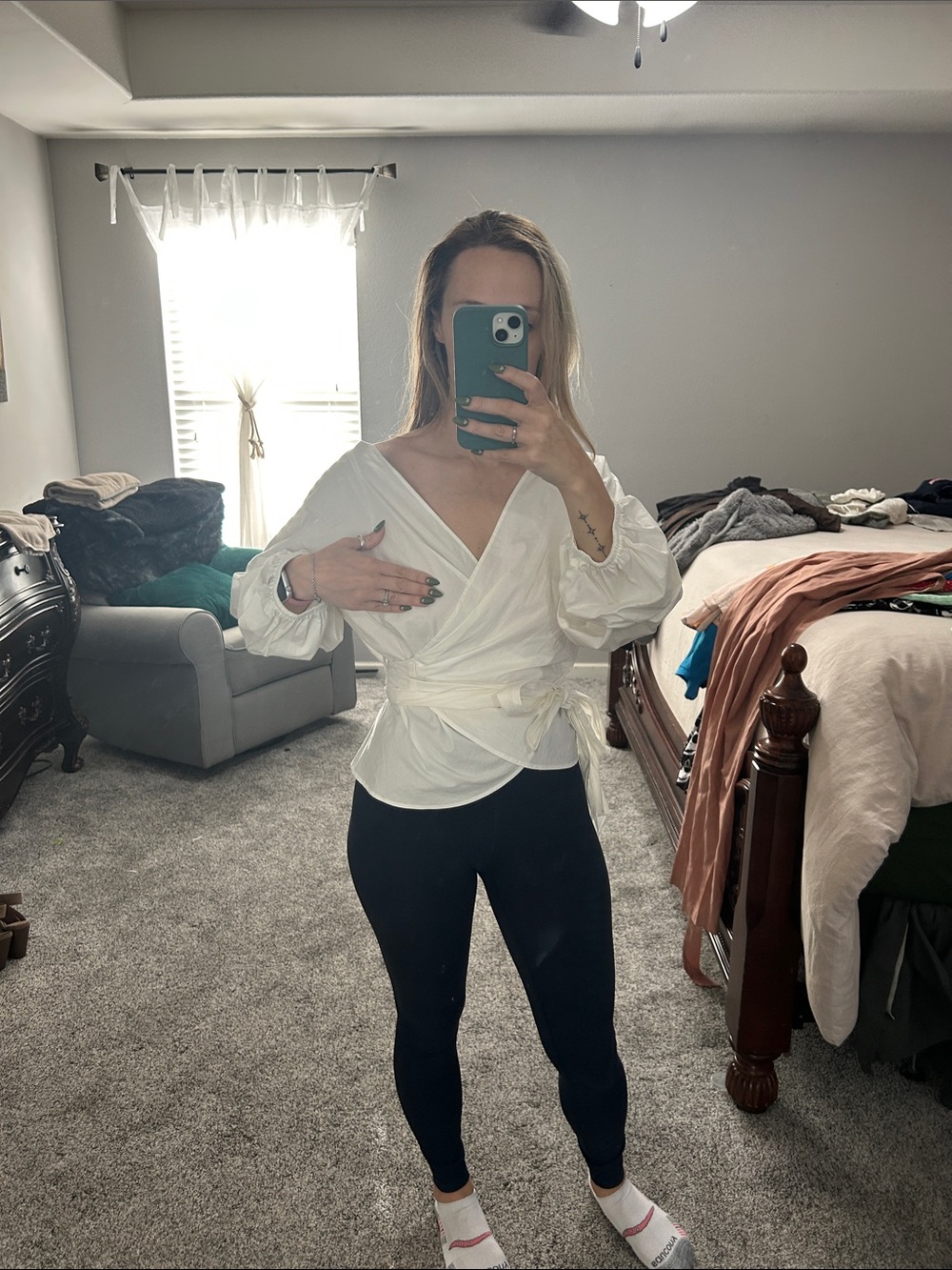 Women's Wrap Front White Blouse - V-Neck Long Sleeve